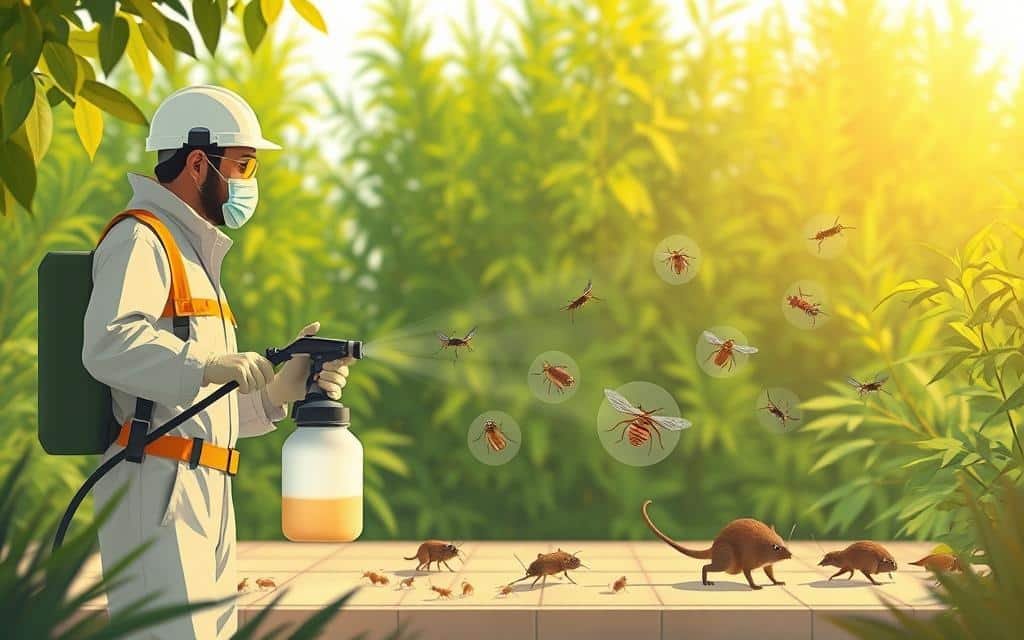 ALT: فني مكافحة حشرات يقوم برش مبيد داخل منزل في الكويت